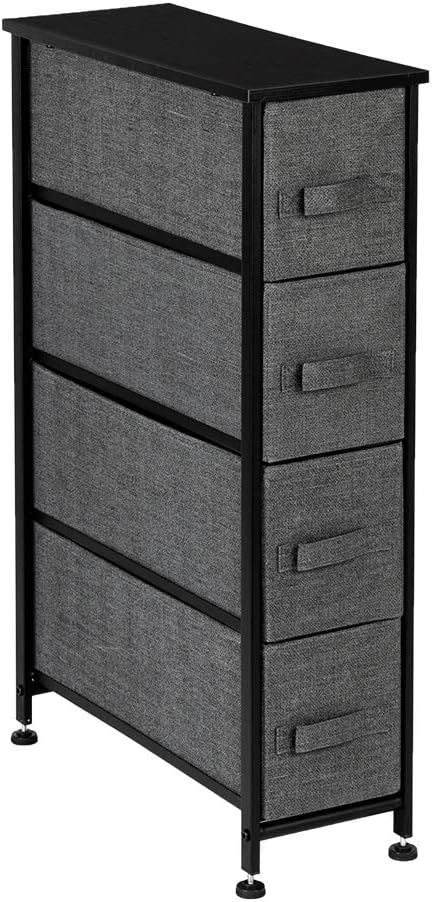 Narrow Slim Storage Drawer Chest with 4 Fabric Bins Metal Frame MDF Wood Top A1316