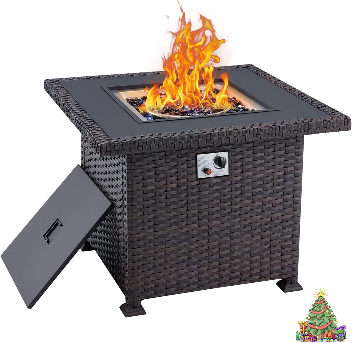 Brown Wicker 50000BTU Propane Fire Pit Table with Waterproof Cover and Blue Fire Glass W484651