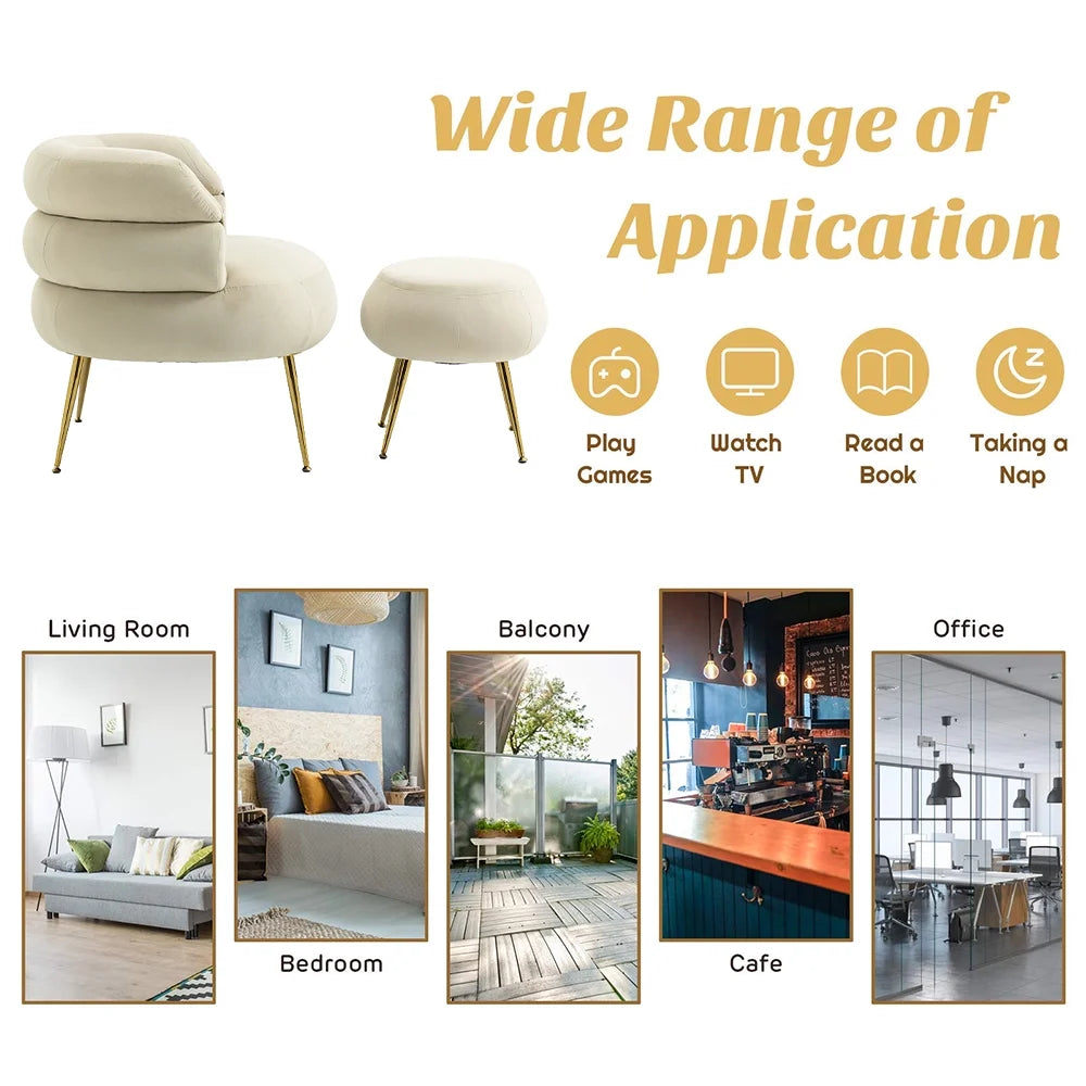 Beige Velvet Accent Chair with Ottoman and Gold Metal Legs W145