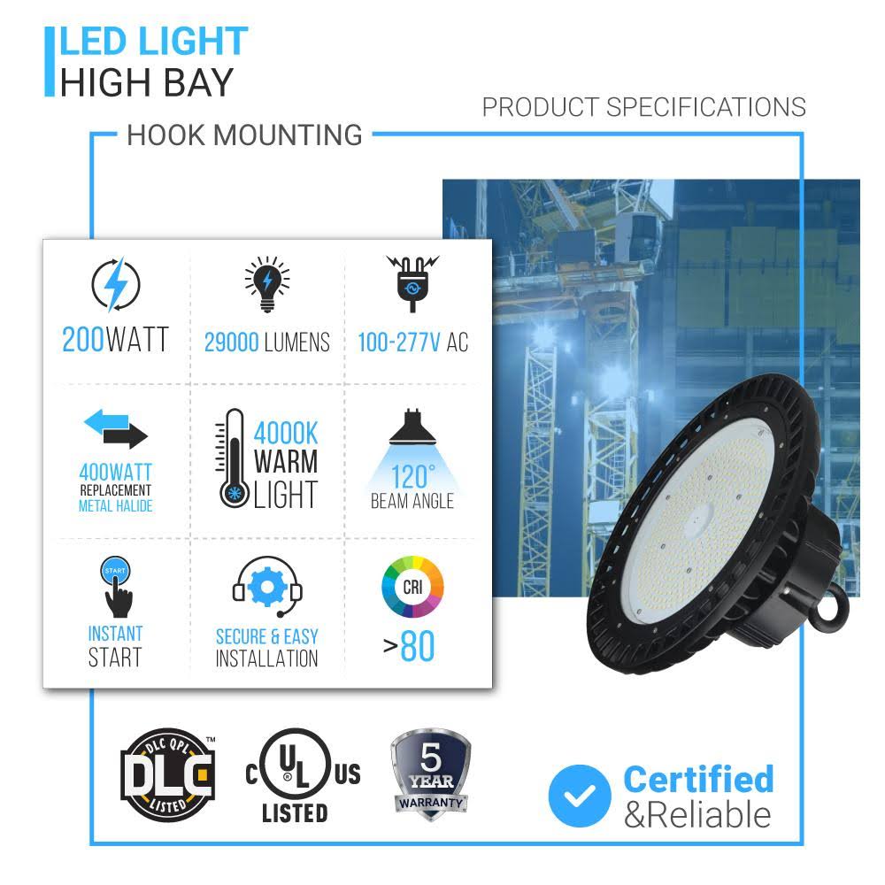 200W LED High Bay UFO 4000K Black U8141