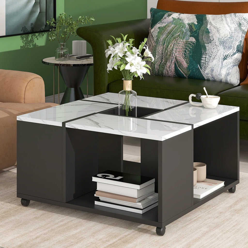 Gloss Coffee Table with Wheels and Marble Top C1756