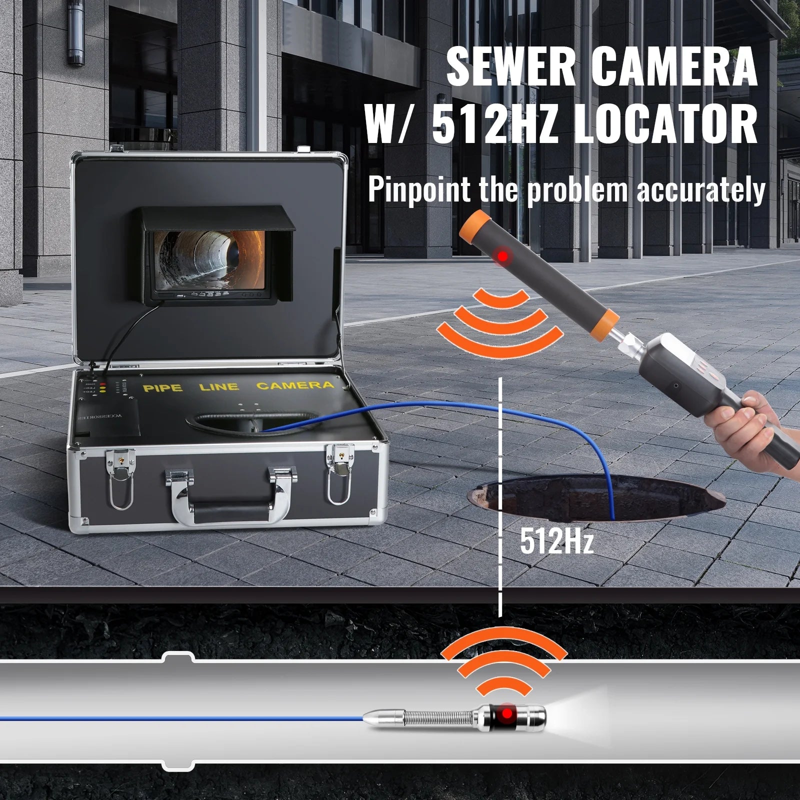 Sewer Camera Pipe Inspection Camera with 512Hz Locator, 100 ft, 7" DVR Function, 16 GB SD Card, IP68 L71807