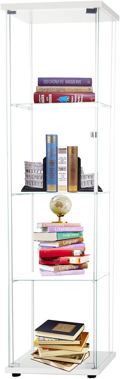 4-Shelf Glass Display Cabinet with Door, Tempered Glass Floor Standing Bookshelf, Black K466