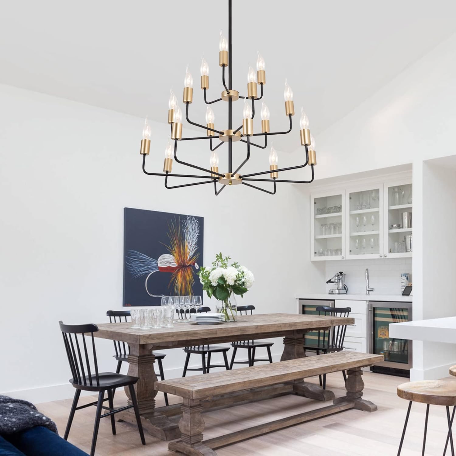 9-Light 2-Tier Gold and Black Chandelier N446