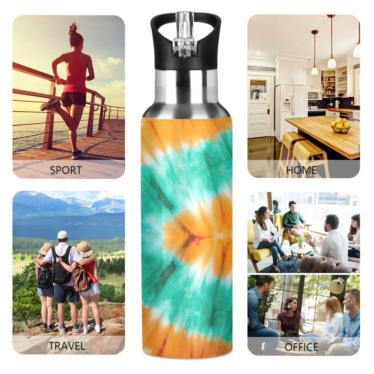Tie Dye Orange Green 20 OZ Vacuum Insulated Stainless Steel Water Bottle with Straw Lid H316