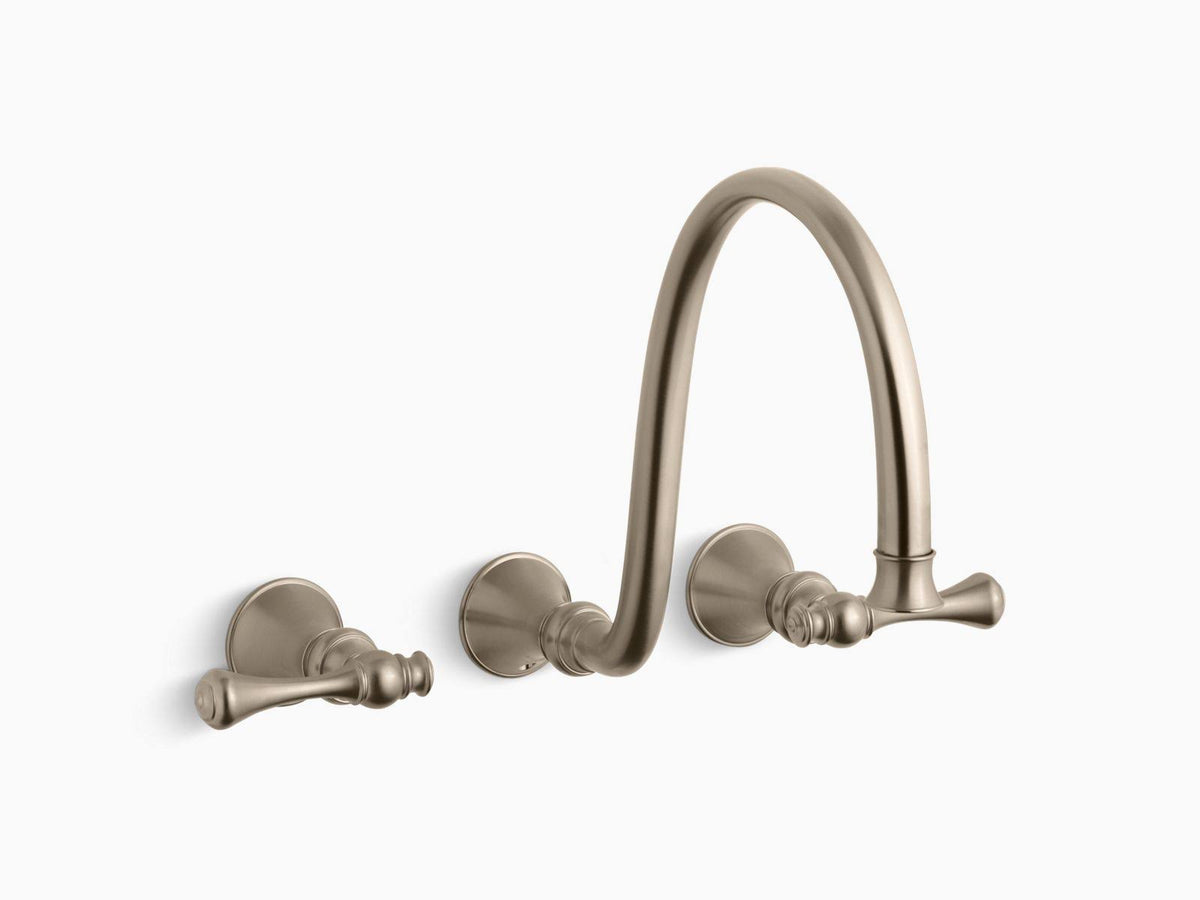 Brushed Bronze Wall Mount Faucet Trim with Traditional Lever Handles and 12x22 Spout M9155