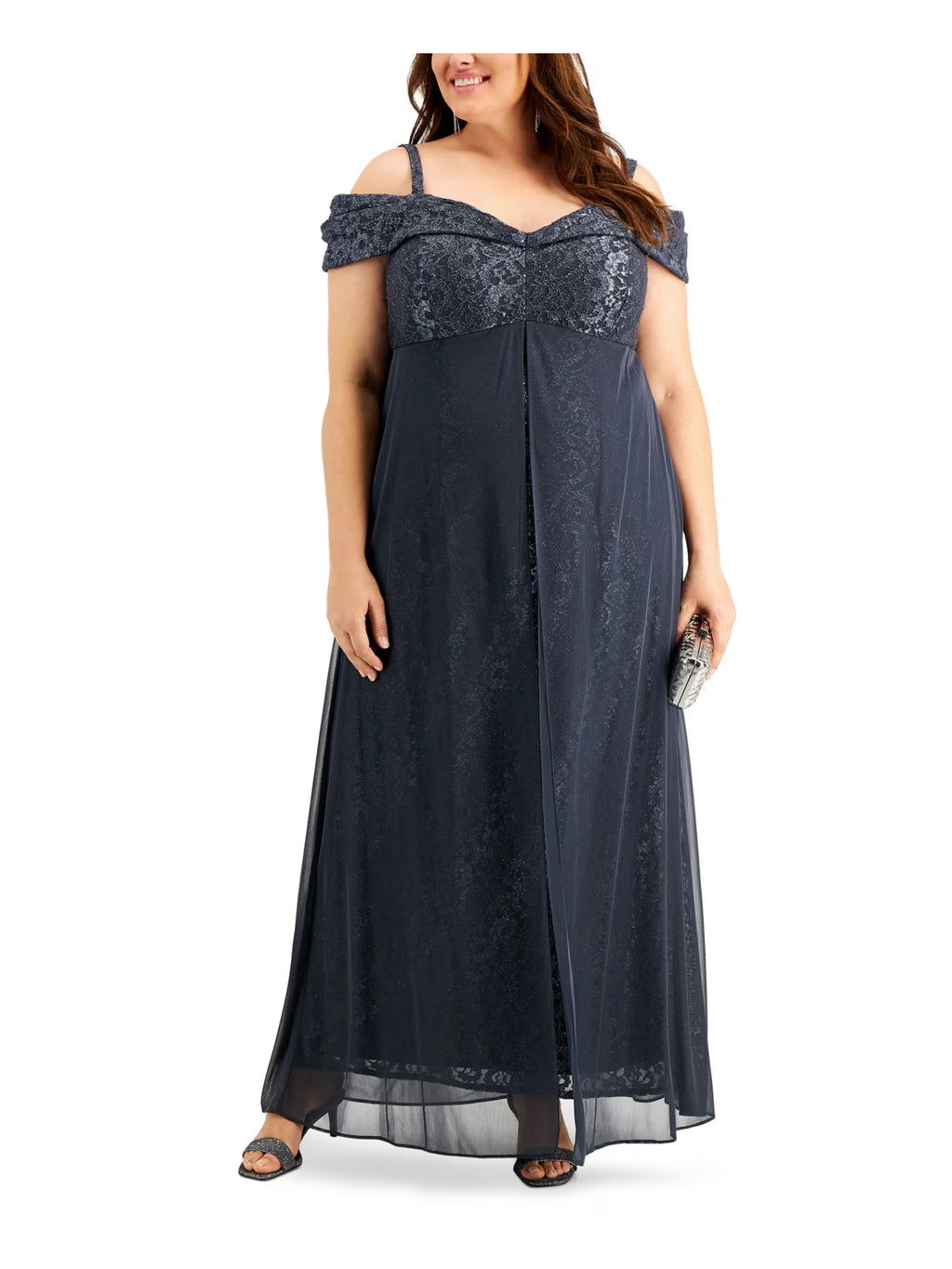 Gray Zippered Sheer Lined Floral Short Sleeve Off Shoulder Full-Length Formal Gown Dress Plus 18W J83281