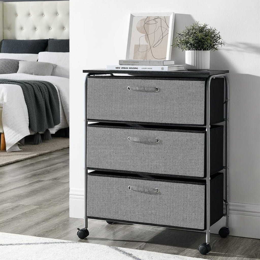 Narrow Slim Storage Drawer Chest with 4 Fabric Bins Metal Frame MDF Wood Top A1316