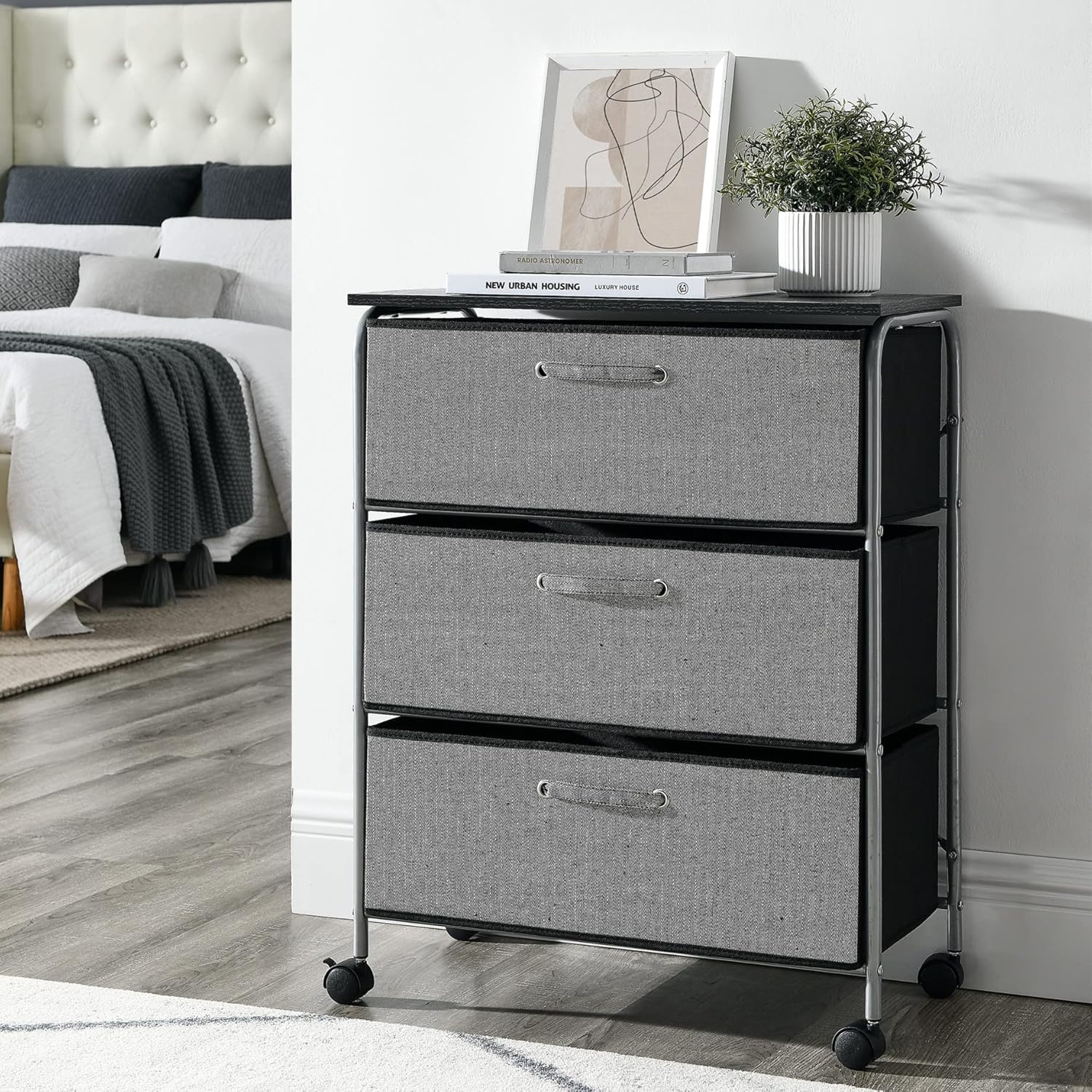Narrow Slim Storage Drawer Chest with 4 Fabric Bins Metal Frame MDF Wood Top A1316