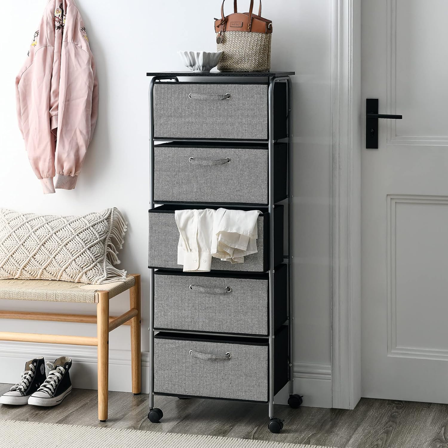 Narrow Slim Storage Drawer Chest with 4 Fabric Bins Metal Frame MDF Wood Top A1316