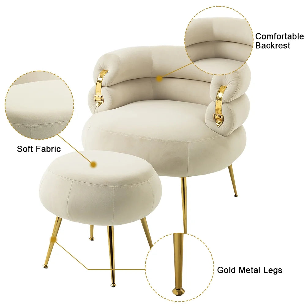 Beige Velvet Accent Chair with Ottoman and Gold Metal Legs W145