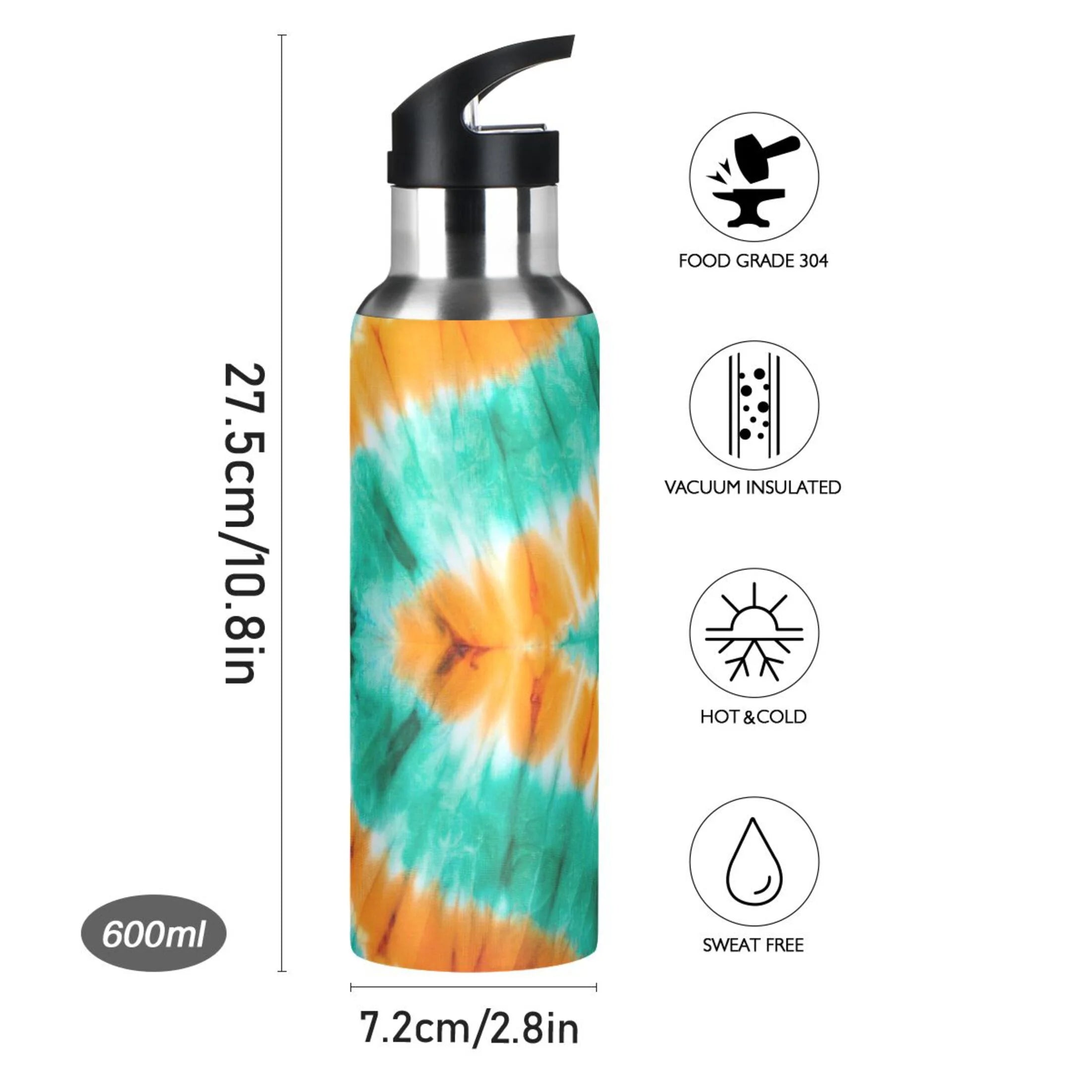Tie Dye Orange Green 20 OZ Vacuum Insulated Stainless Steel Water Bottle with Straw Lid H316