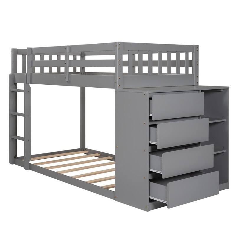 Gray Twin Over Twin Bunk Bed with 4 Drawers & 3 Shelves & Ladder B287155