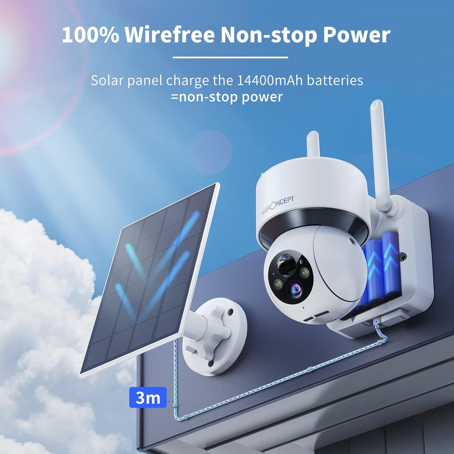 Solar Security Camera Outdoor, 360° PTZ Wireless, 1080P Battery Operated, Color Night Vision, PIR Motion Detection, 2 Way Audio, IP65 E4642