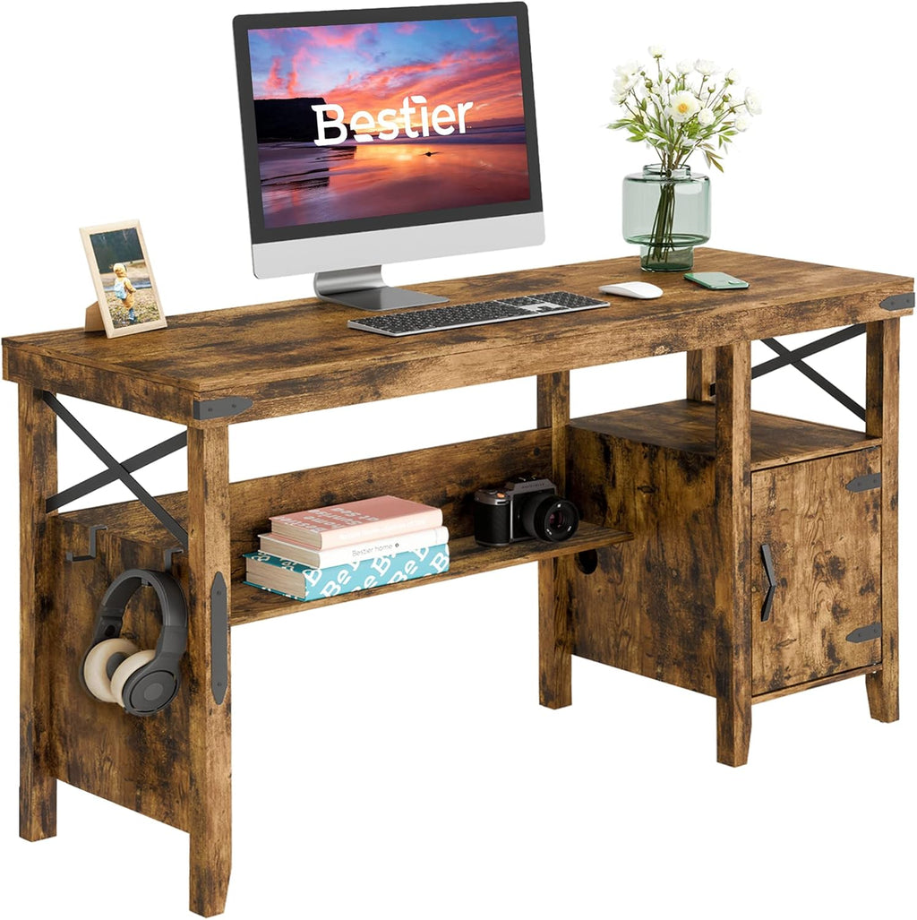 Rustic Brown Computer Desk with Storage Cabinet and Bookshelf W2298