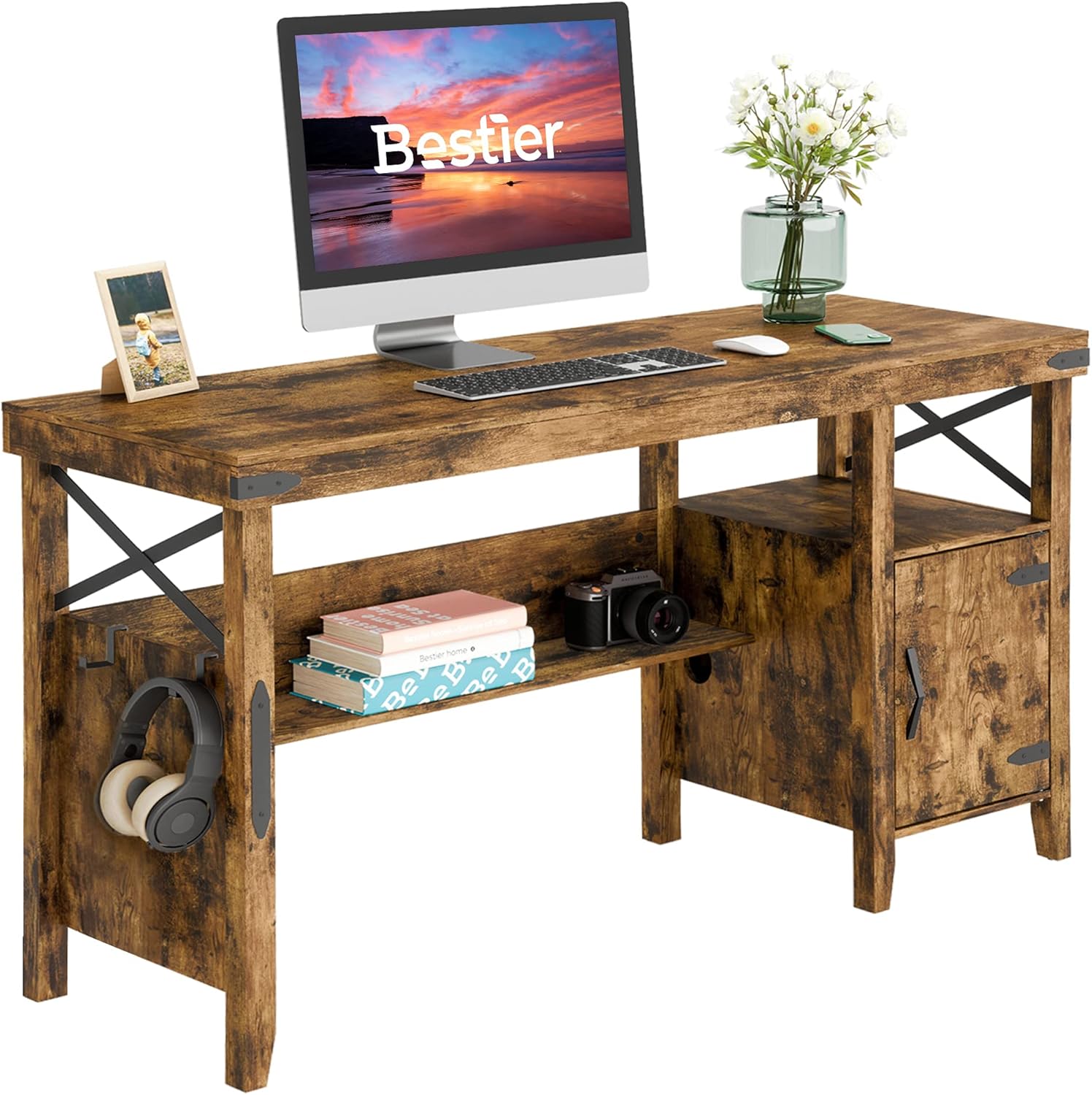 Rustic Brown Computer Desk with Storage Cabinet and Bookshelf W2298