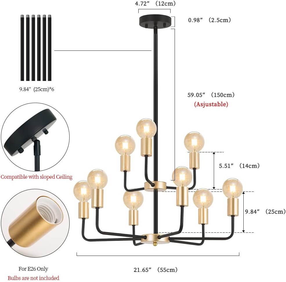 9-Light 2-Tier Gold and Black Chandelier N446