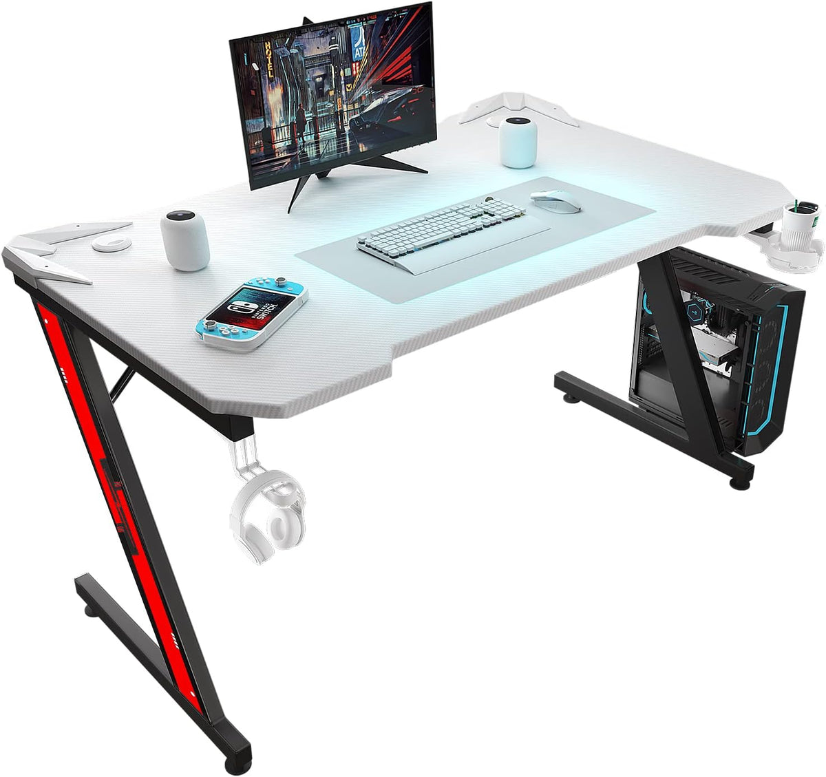 44 Inch Black Gaming Desk with Carbon Fiber Surface Cup Holder and Headphone Hook R9855