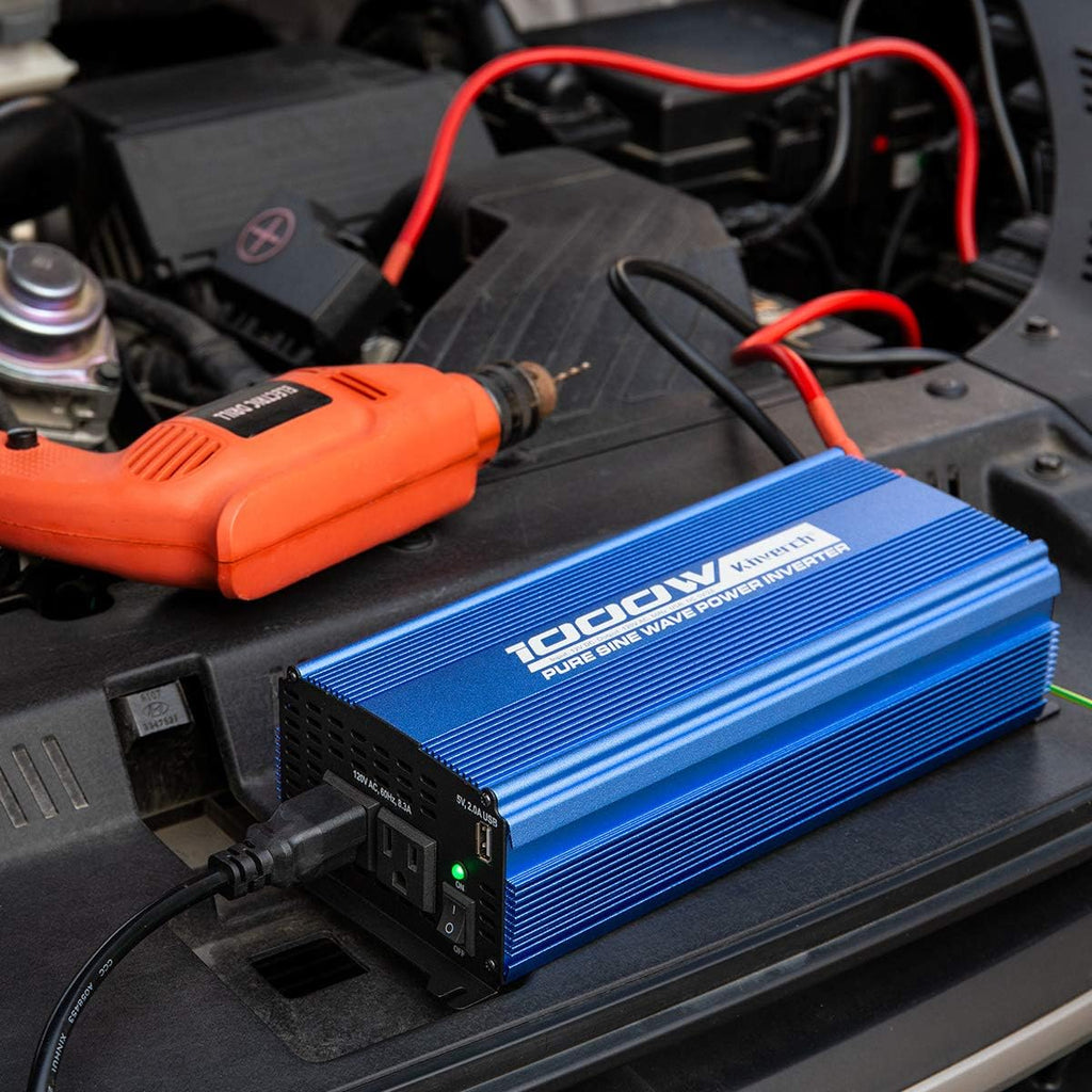 Pure Sine Wave Inverter 1000W DC 12V to AC 110V Car Power Inverter with Dual AC Outlets & 2A USB Ports I219846