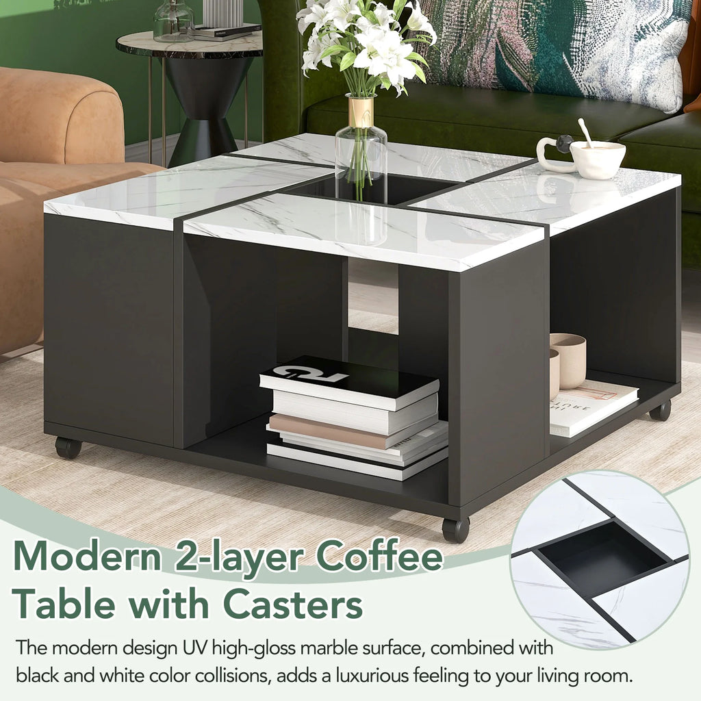 Gloss Coffee Table with Wheels and Marble Top C1756