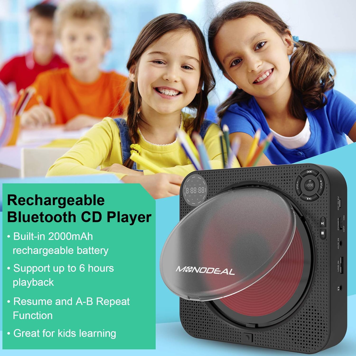 CD Player with Bluetooth, Portable Rechargeable, Built-in Speakers, Remote Control, Built-in FM Radio B43426