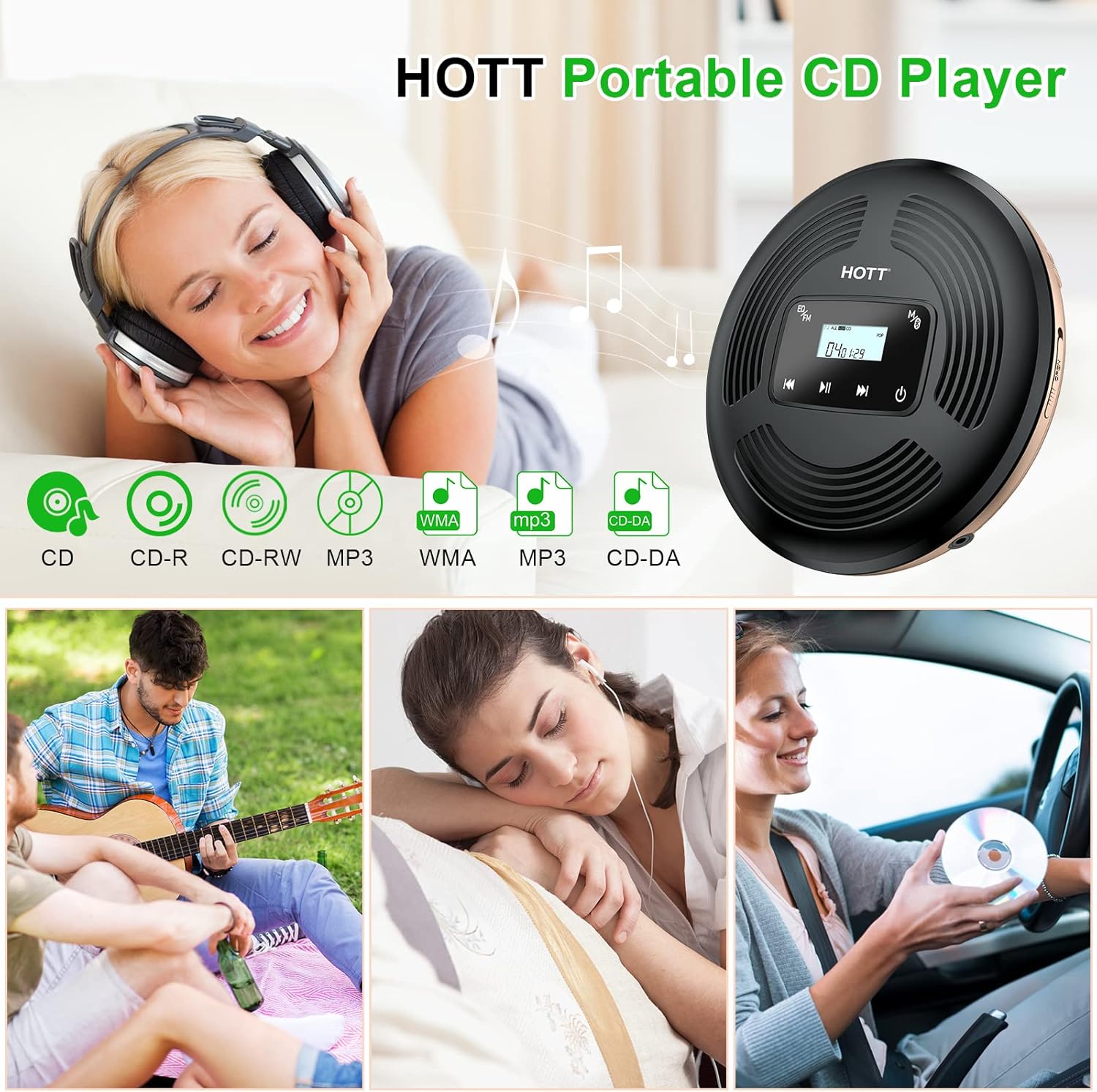 Portable CD Player with Bluetooth FM Transmitter AUX Output Rechargeable 1800mah R1280