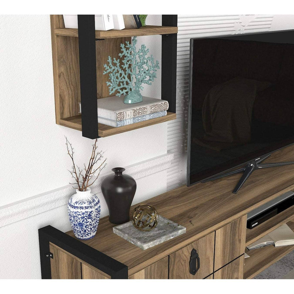 TV Unit with Vertical Wall Shelf, Metal & Composite Wood Frame M153