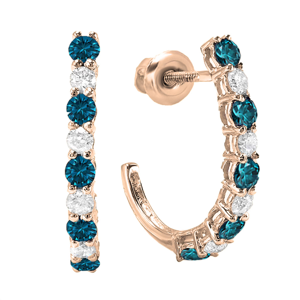 0.50 Carat Round Blue & White Diamond J Shaped Hoop Earrings in 18K Rose Gold G91819