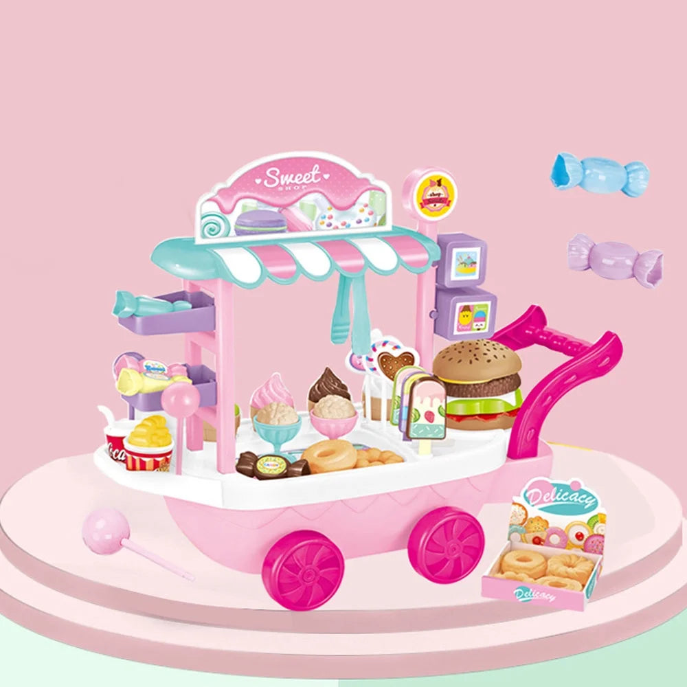Dessert Candy Trolley Kitchen Toy Set with Umbrella Food Dishes S3063