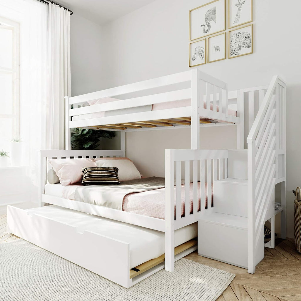 White Twin Bunk Bed with Staircase and Trundle U381
