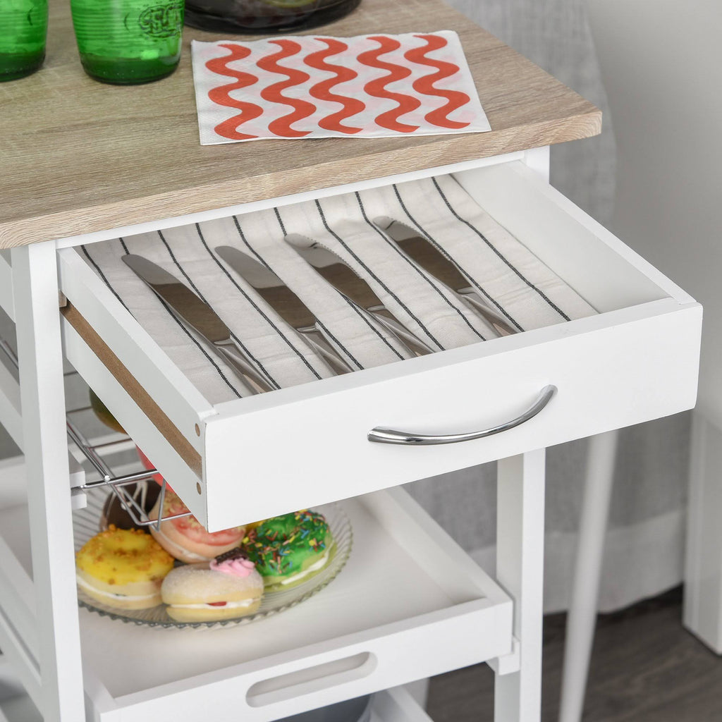 White Mobile Rolling Kitchen Island Trolley Serving Cart with Drawer and Wire Storage Basket O54225