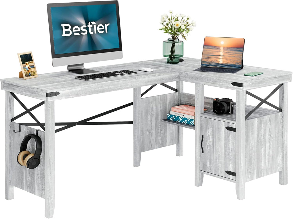 Rustic Brown Computer Desk with Storage Cabinet and Bookshelf W2298