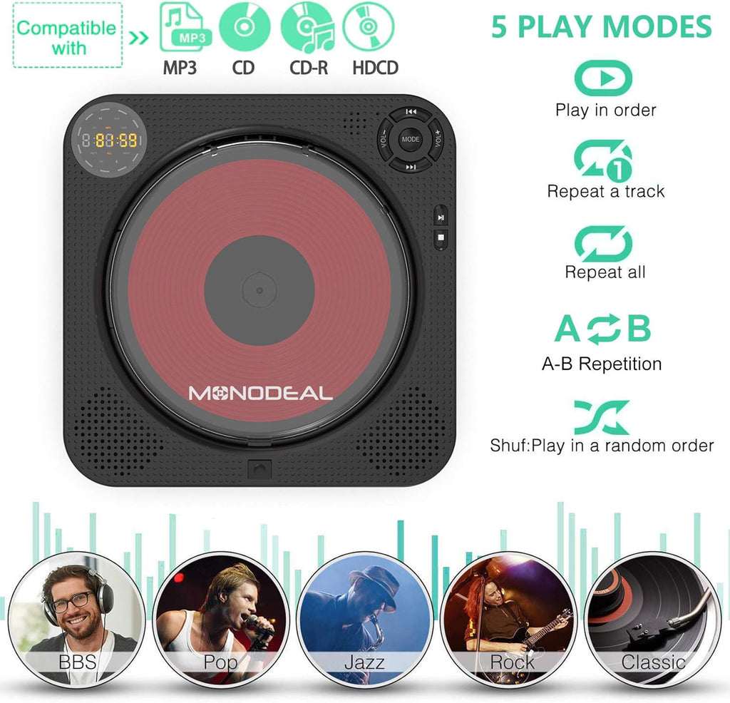 CD Player with Bluetooth, Portable Rechargeable, Built-in Speakers, Remote Control, Built-in FM Radio B43426
