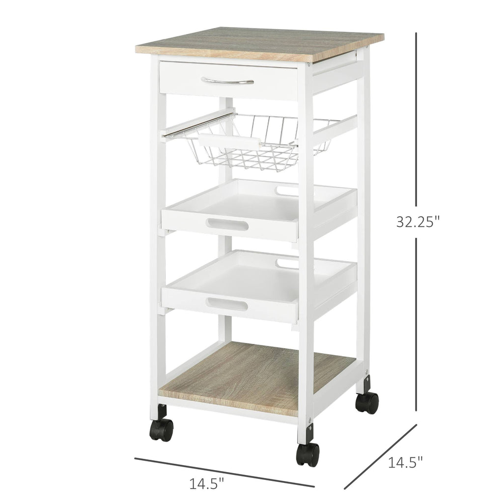 White Mobile Rolling Kitchen Island Trolley Serving Cart with Drawer and Wire Storage Basket O54225