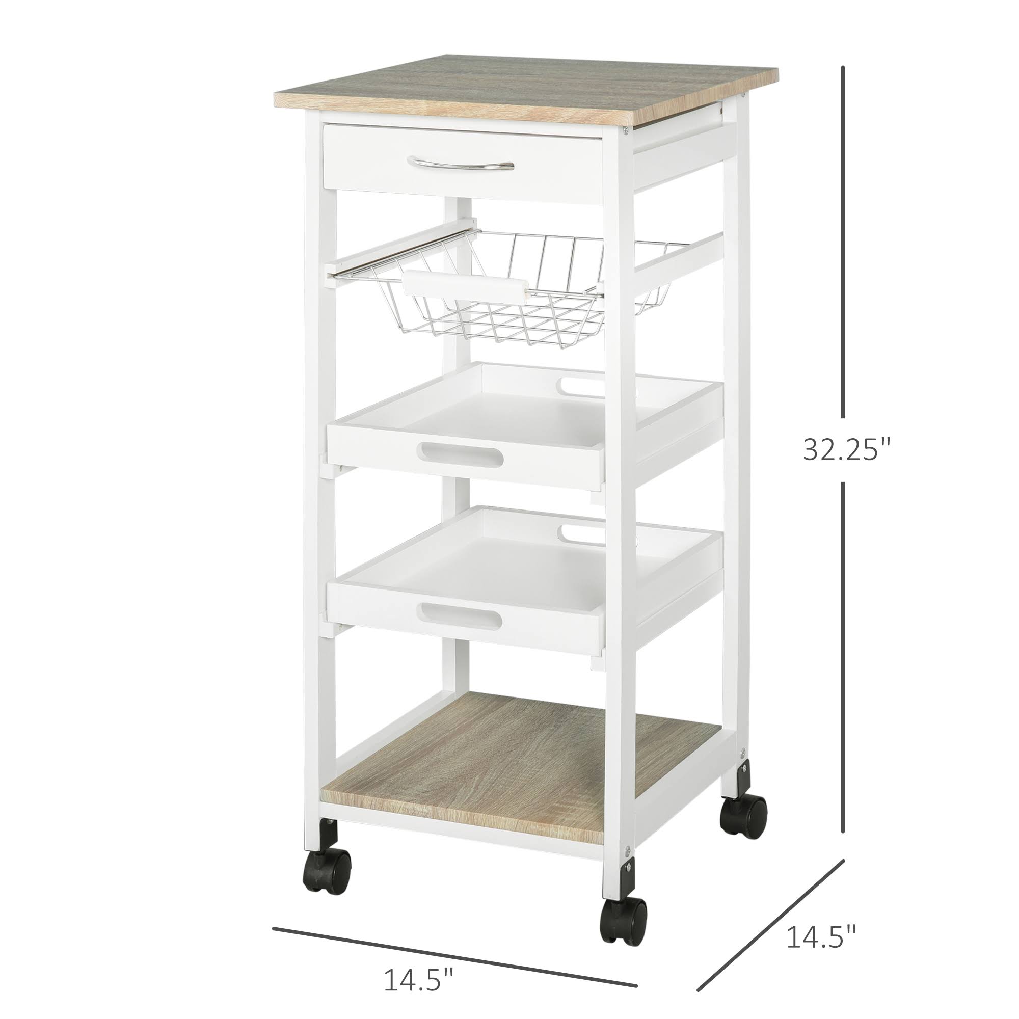 White Mobile Rolling Kitchen Island Trolley Serving Cart with Drawer and Wire Storage Basket O54225
