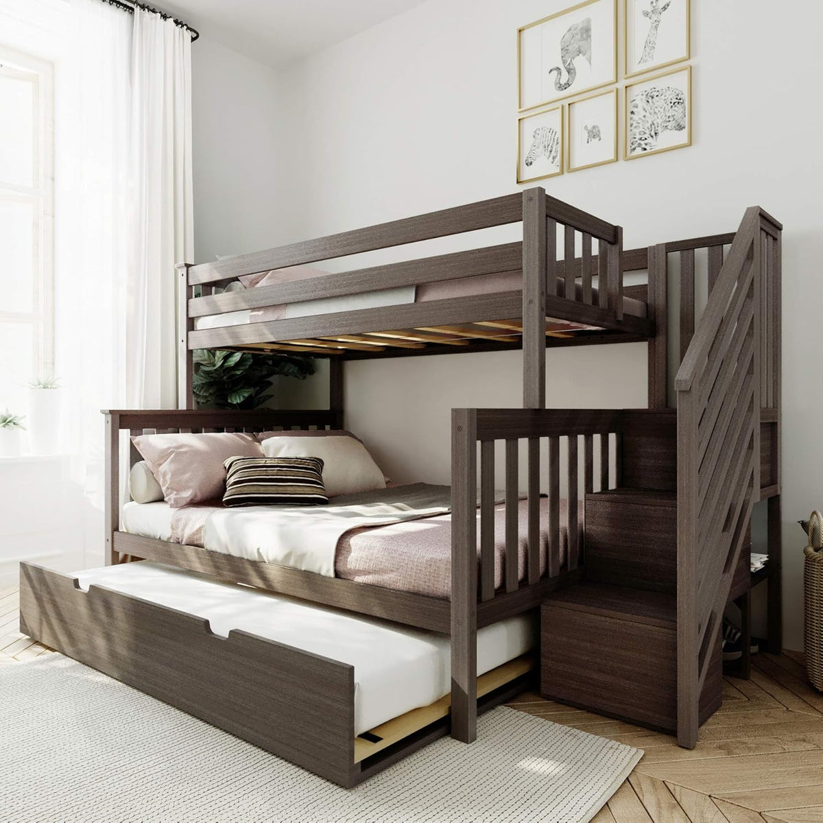 White Twin Bunk Bed with Staircase and Trundle U381
