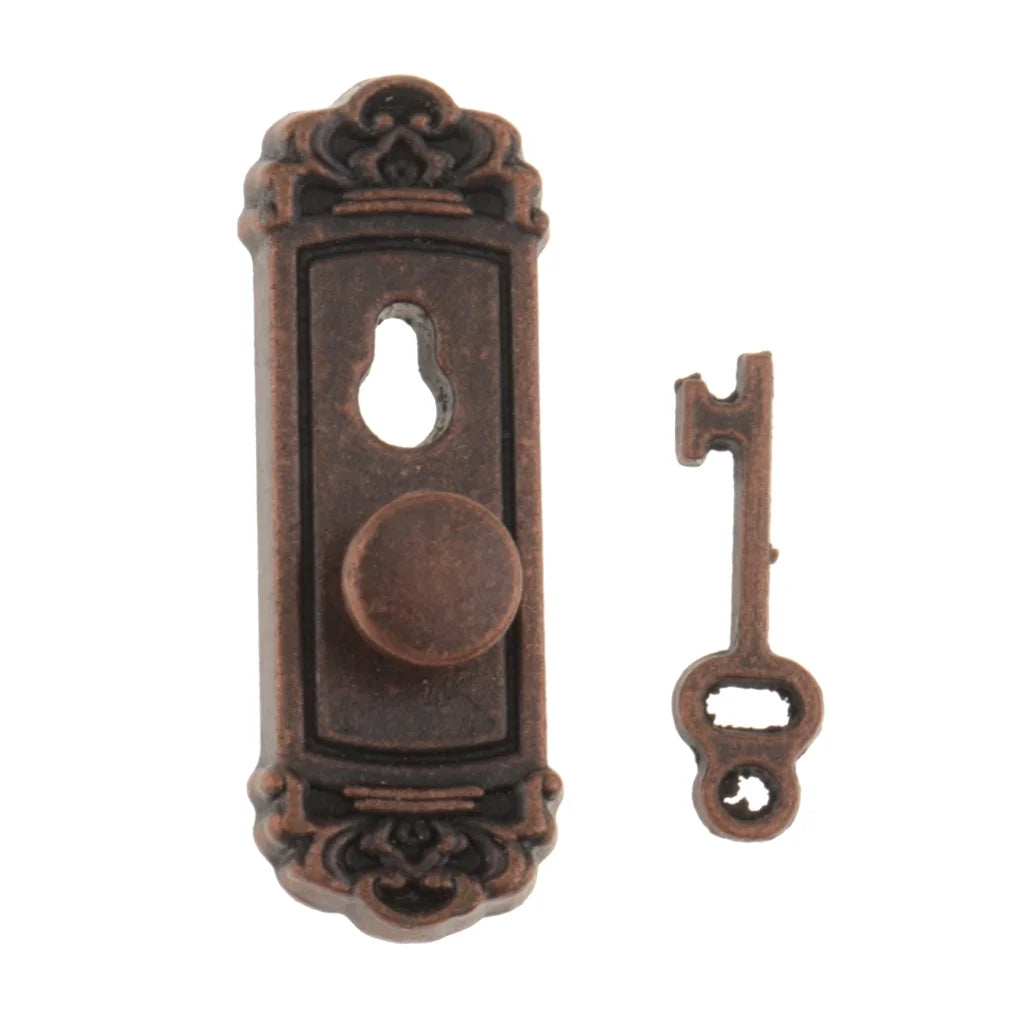 Vintage Metal Doorknob Plate Key Set Dollhouse Miniature Handle N94686