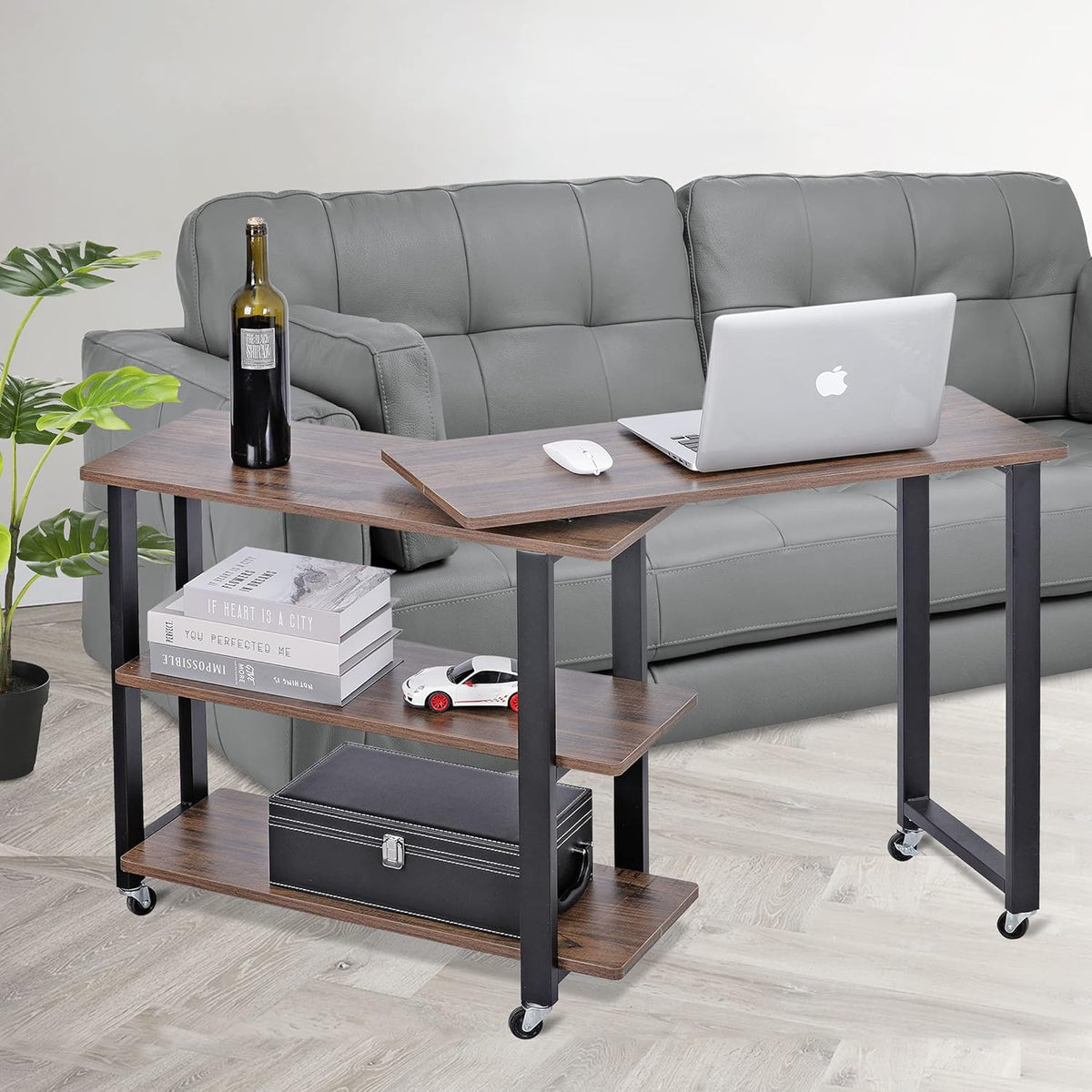 360° Rotating Sofa Side Table with 2-Tier Storage Shelves E7008