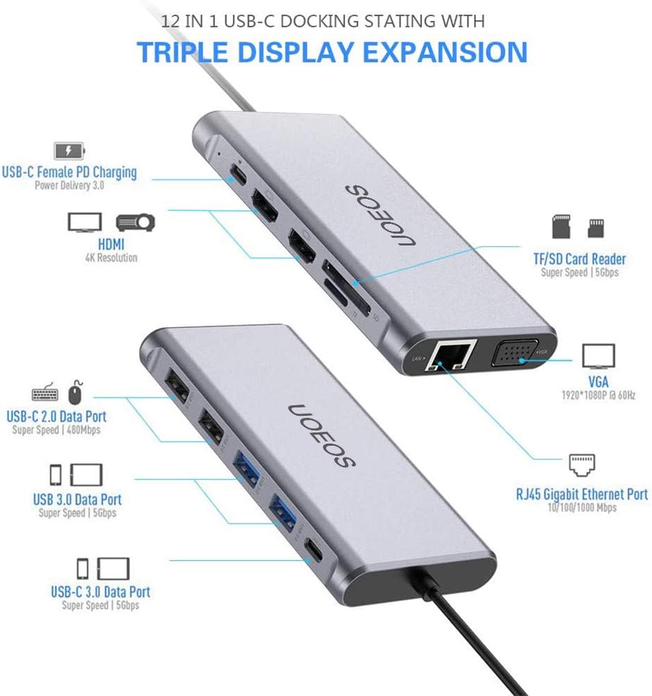 USB C Docking Station with Dual HDMI, VGA, 100W PD, Ethernet, Card Reader G722