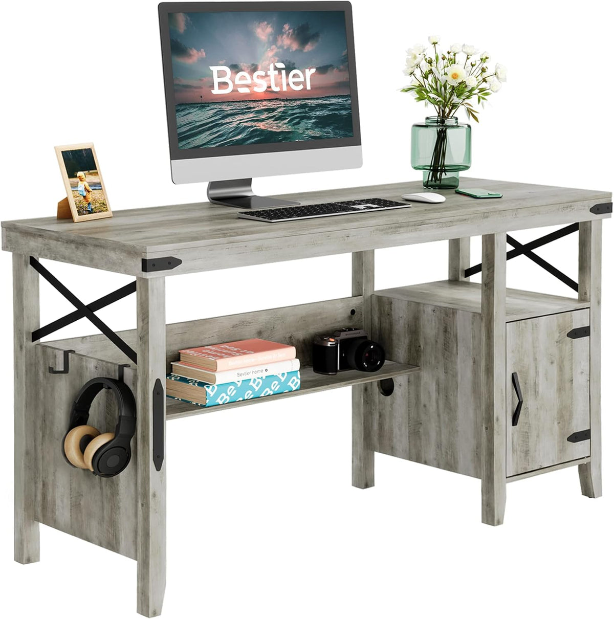 Rustic Brown Computer Desk with Storage Cabinet and Bookshelf W2298