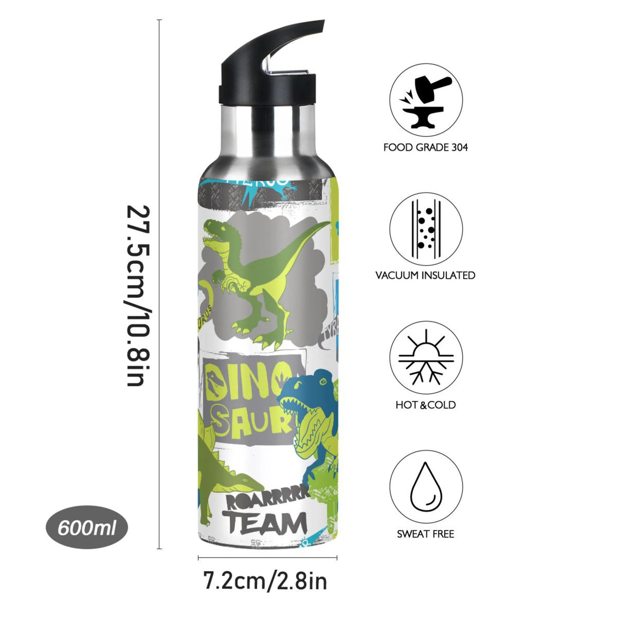 Cool Green Dinosaur Stainless Steel Insulated Water Bottle with Straw Lid E31063