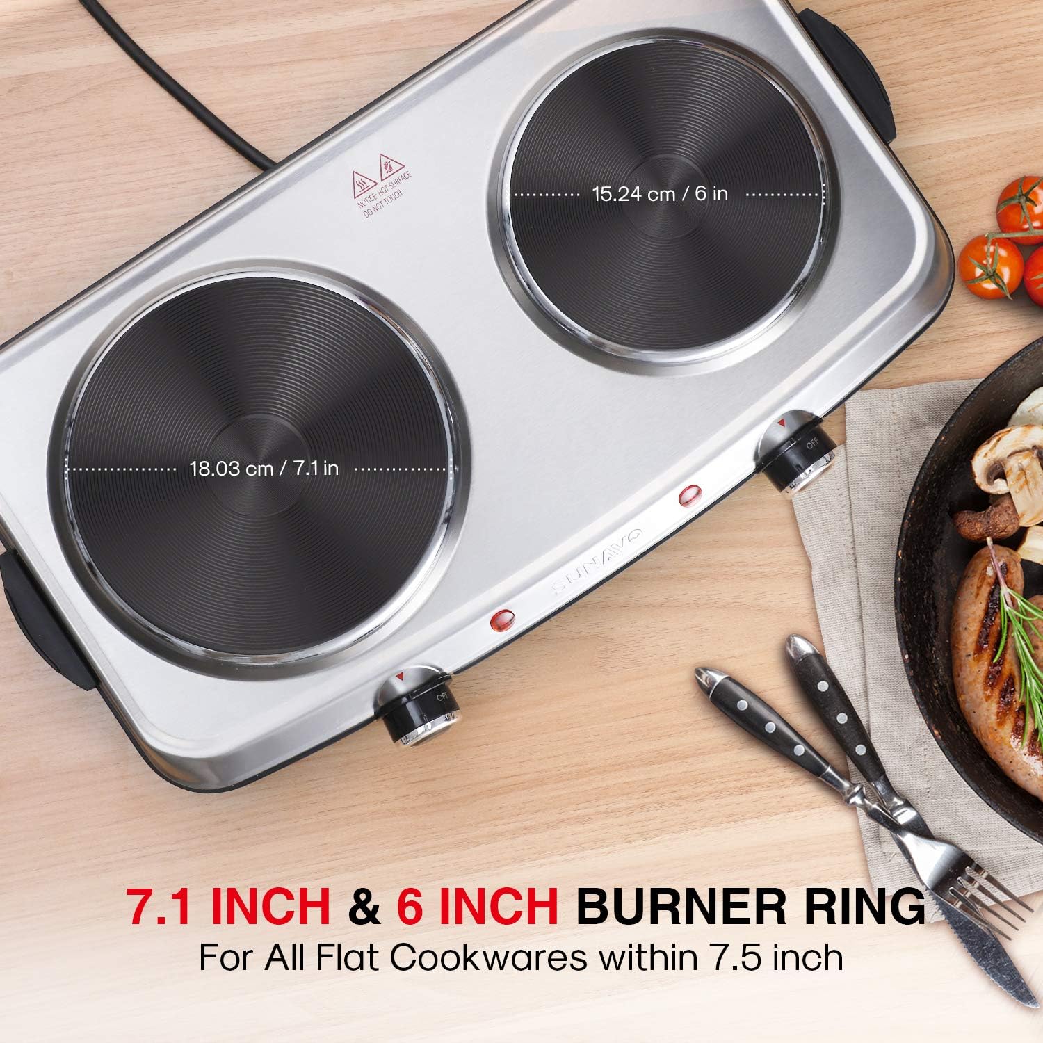 1800W Electric Double Burner Stainless Steel Hot Plate Cast Iron Pack of 2 I5670