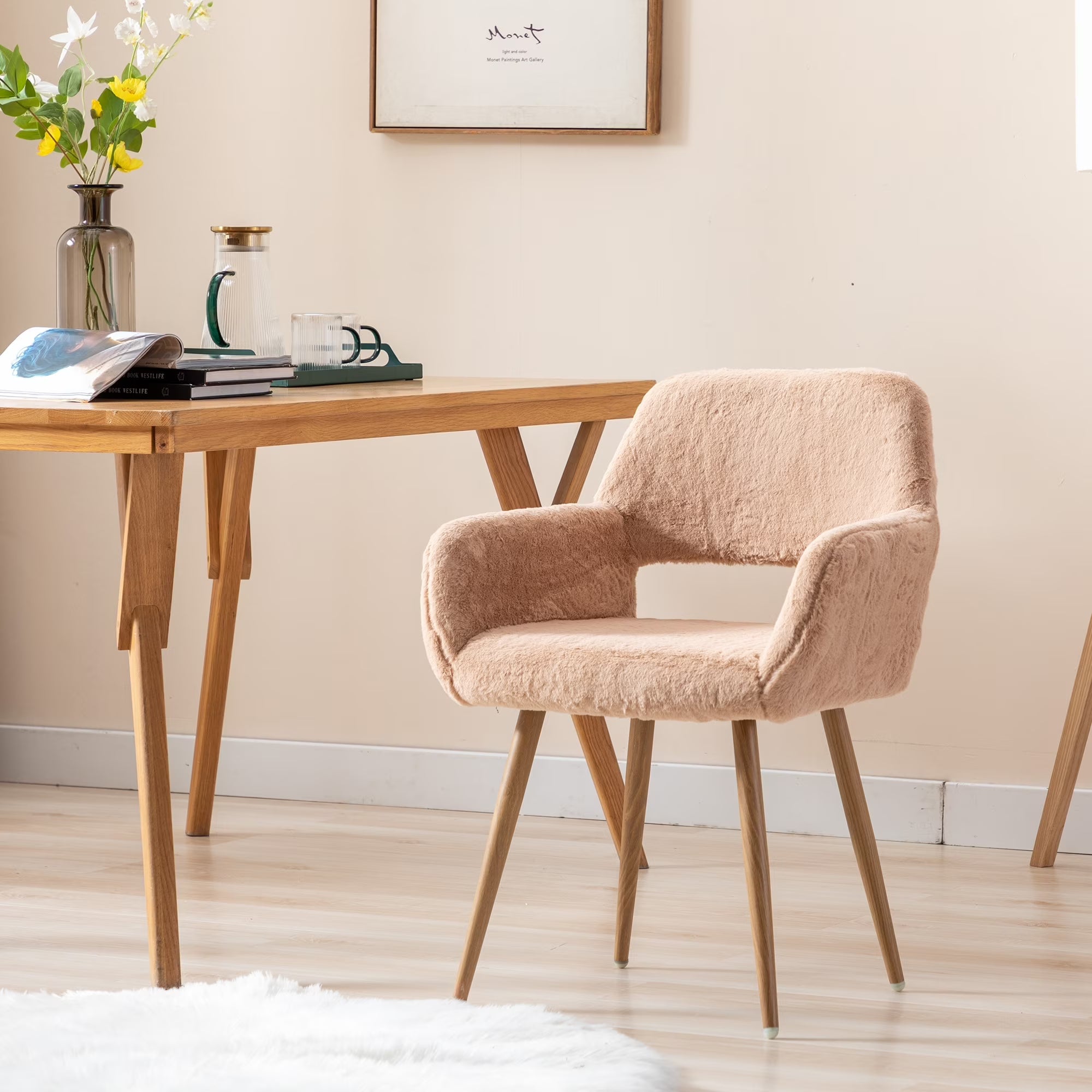 Faux Fur Mid Century Dining Chairs Camel J5322