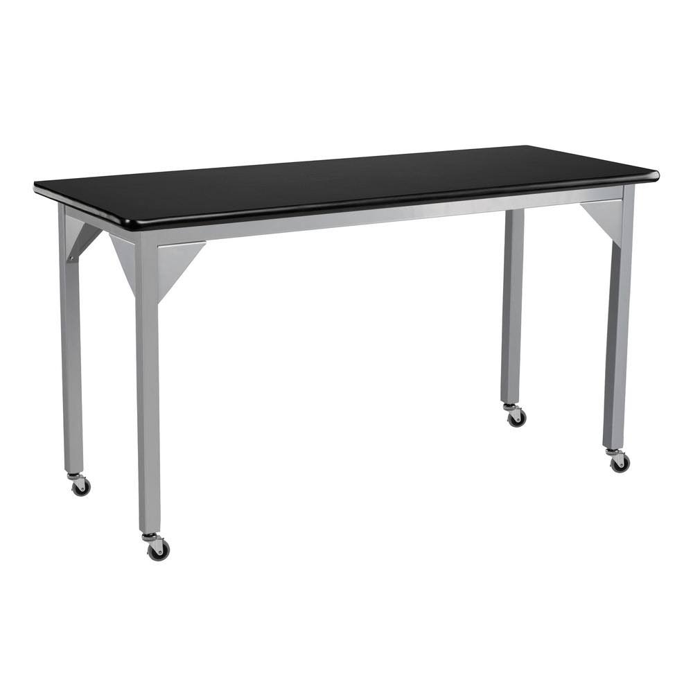 Heavy Duty Fixed Height Table with Casters 24 in. x 72 in. x 30 in. Grey Frame Black Top L1859