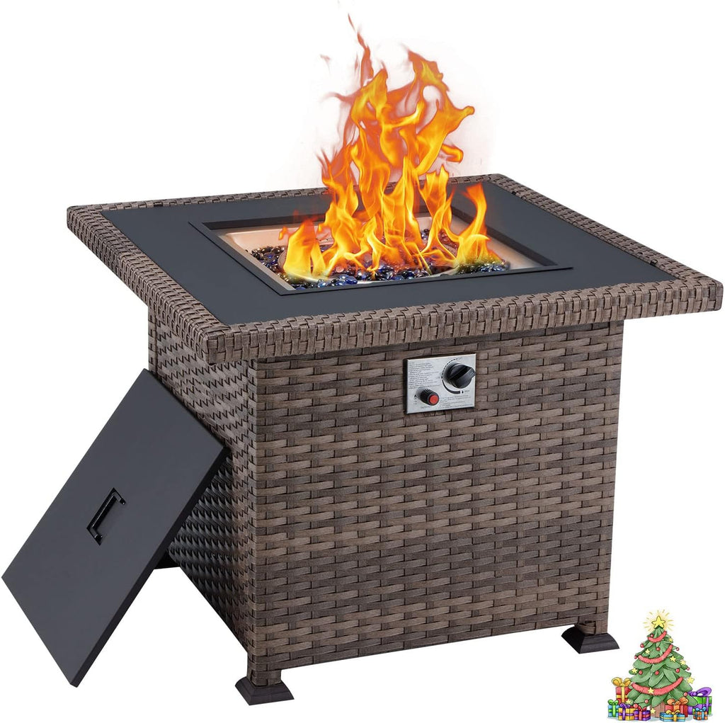 Brown Wicker 50000BTU Propane Fire Pit Table with Waterproof Cover and Blue Fire Glass W484651