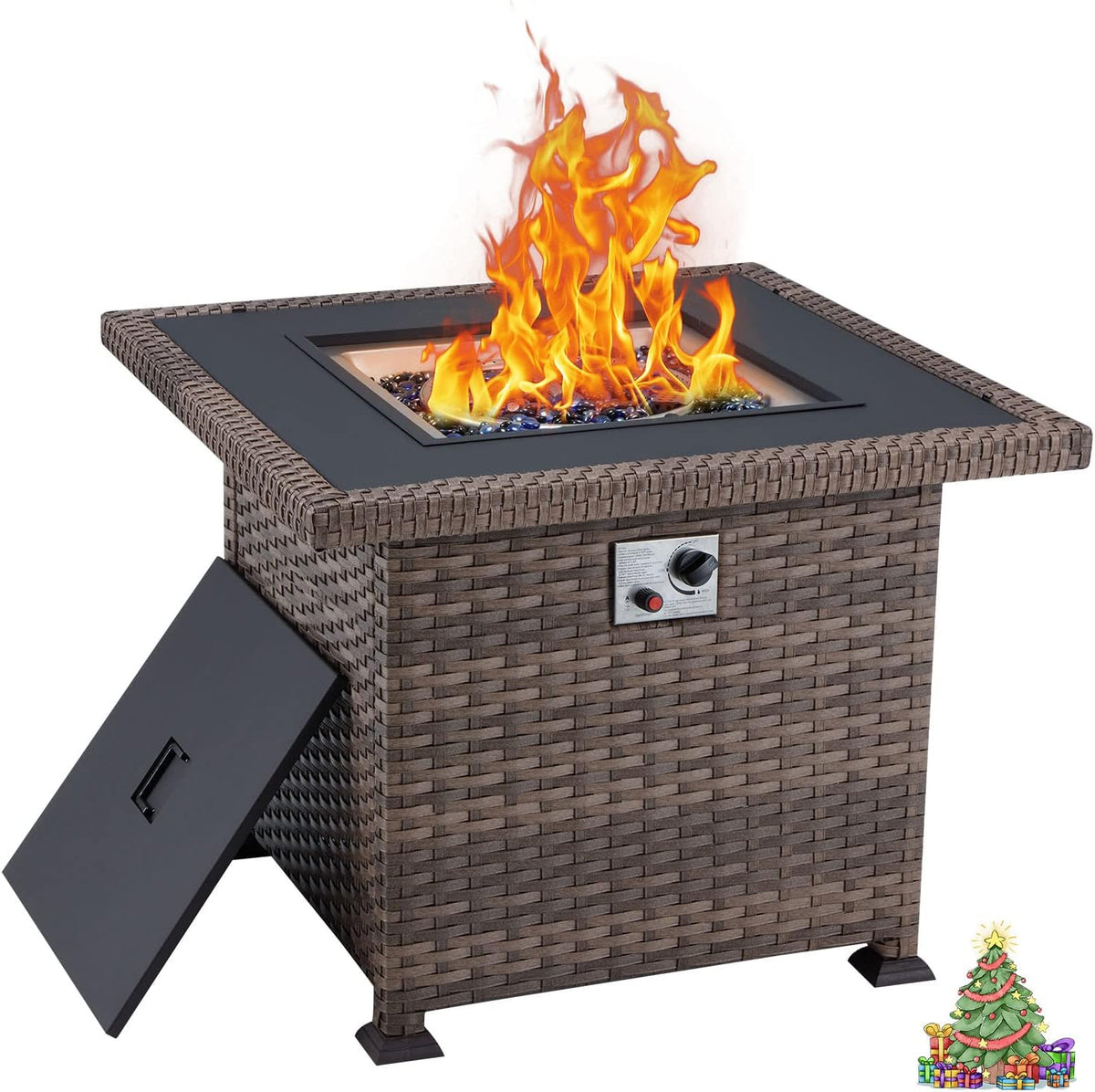 Brown Wicker 50000BTU Propane Fire Pit Table with Waterproof Cover and Blue Fire Glass W484651