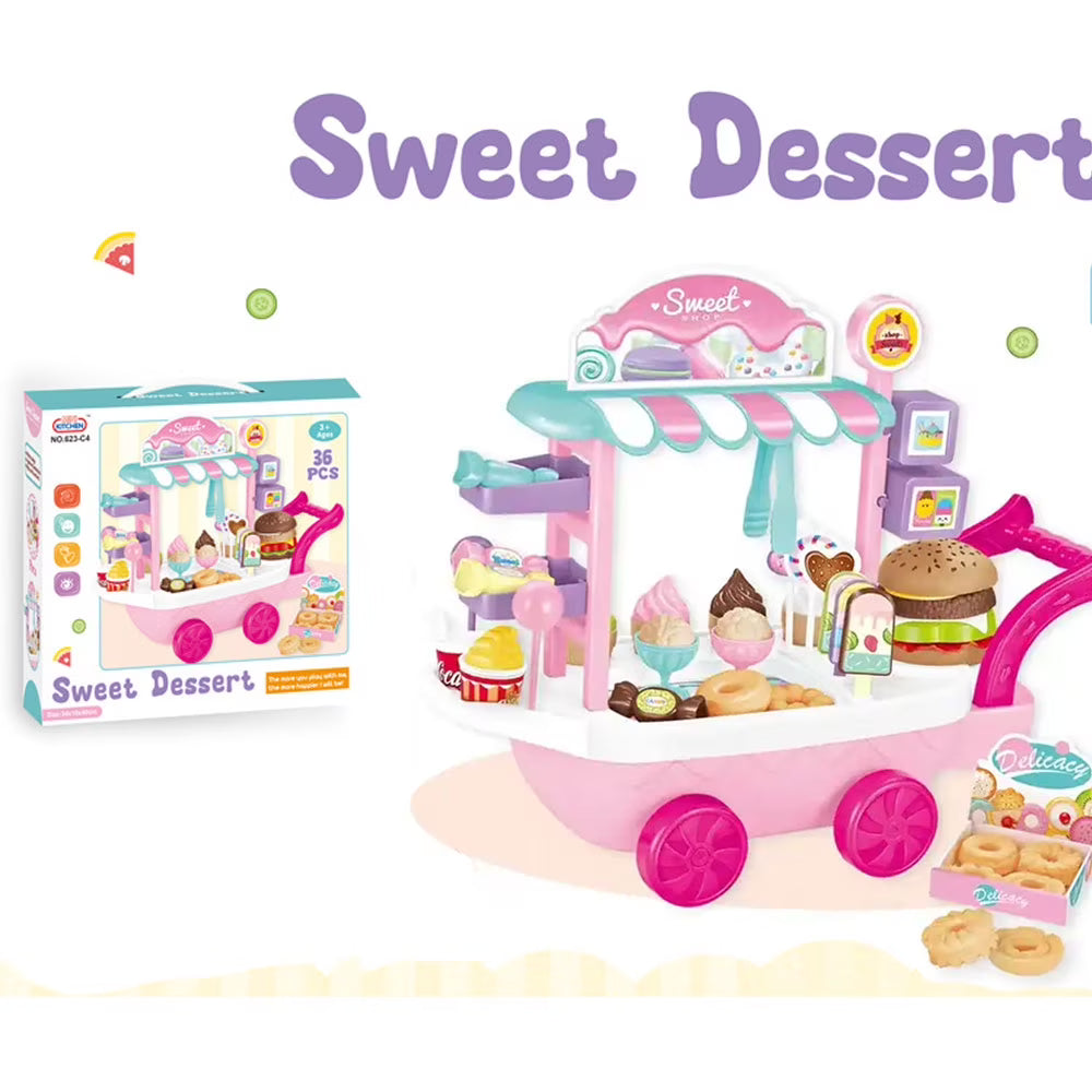 Dessert Candy Trolley Kitchen Toy Set with Umbrella Food Dishes S3063