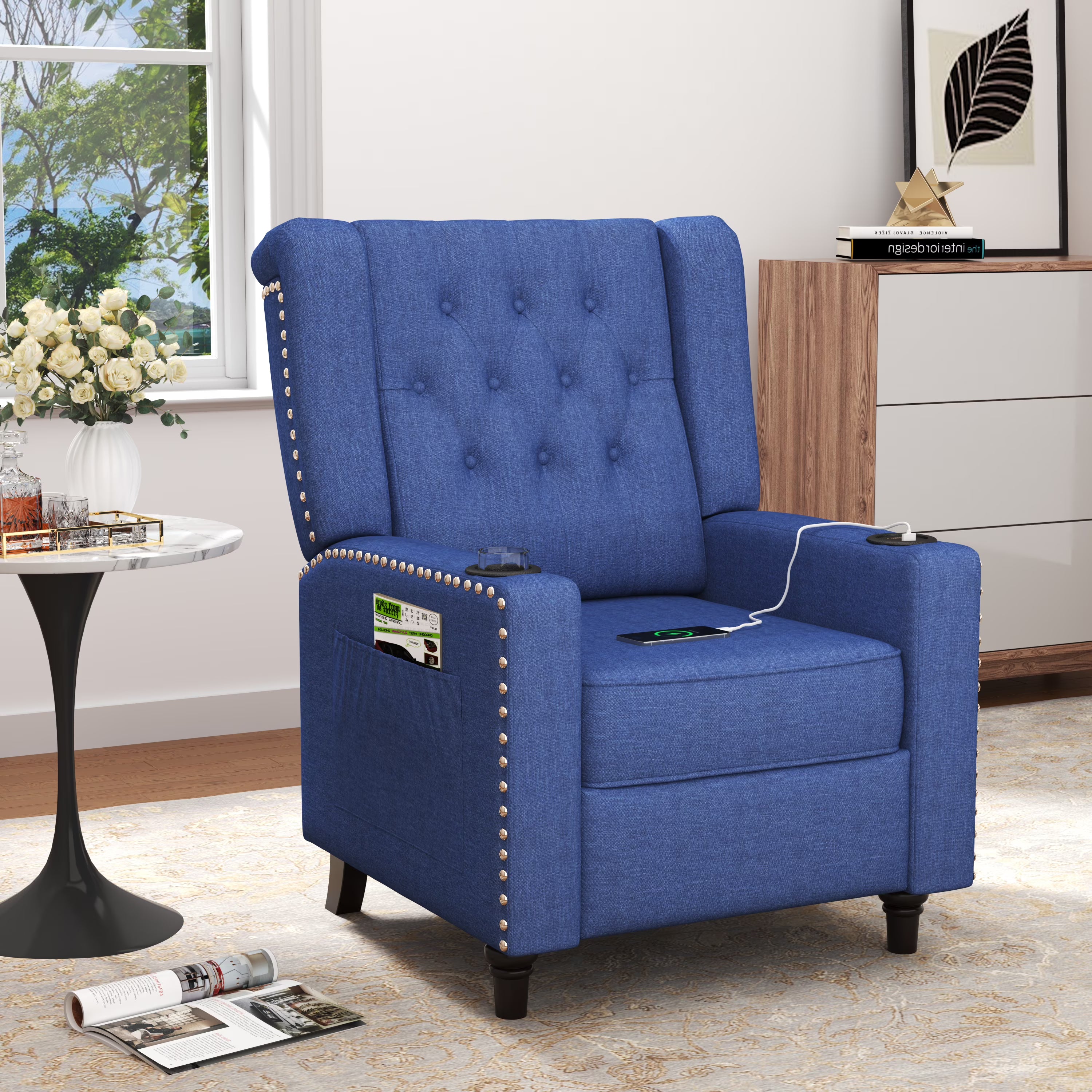 Blue Tufted Wingback Recliner Arm Chair with USB Charging I7368