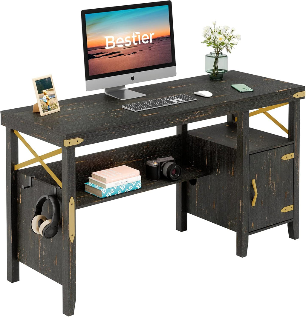 Rustic Brown Computer Desk with Storage Cabinet and Bookshelf W2298