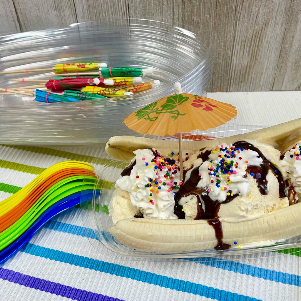16 Pk Clear Plastic Banana Split Boats with Spoons and Umbrellas J3695